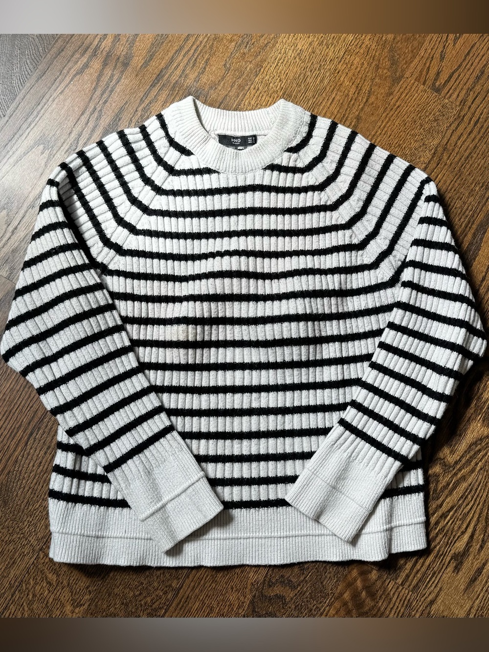 Mango women’s White and Black Striped Ribbed Crewneck Sweater